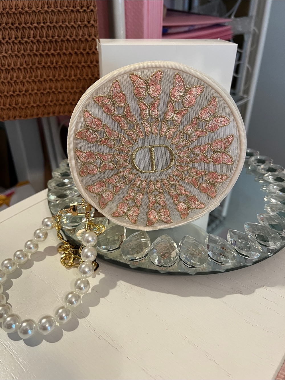 Dior Pink & Gold Embroidered Round Pouch with Pearl Strap